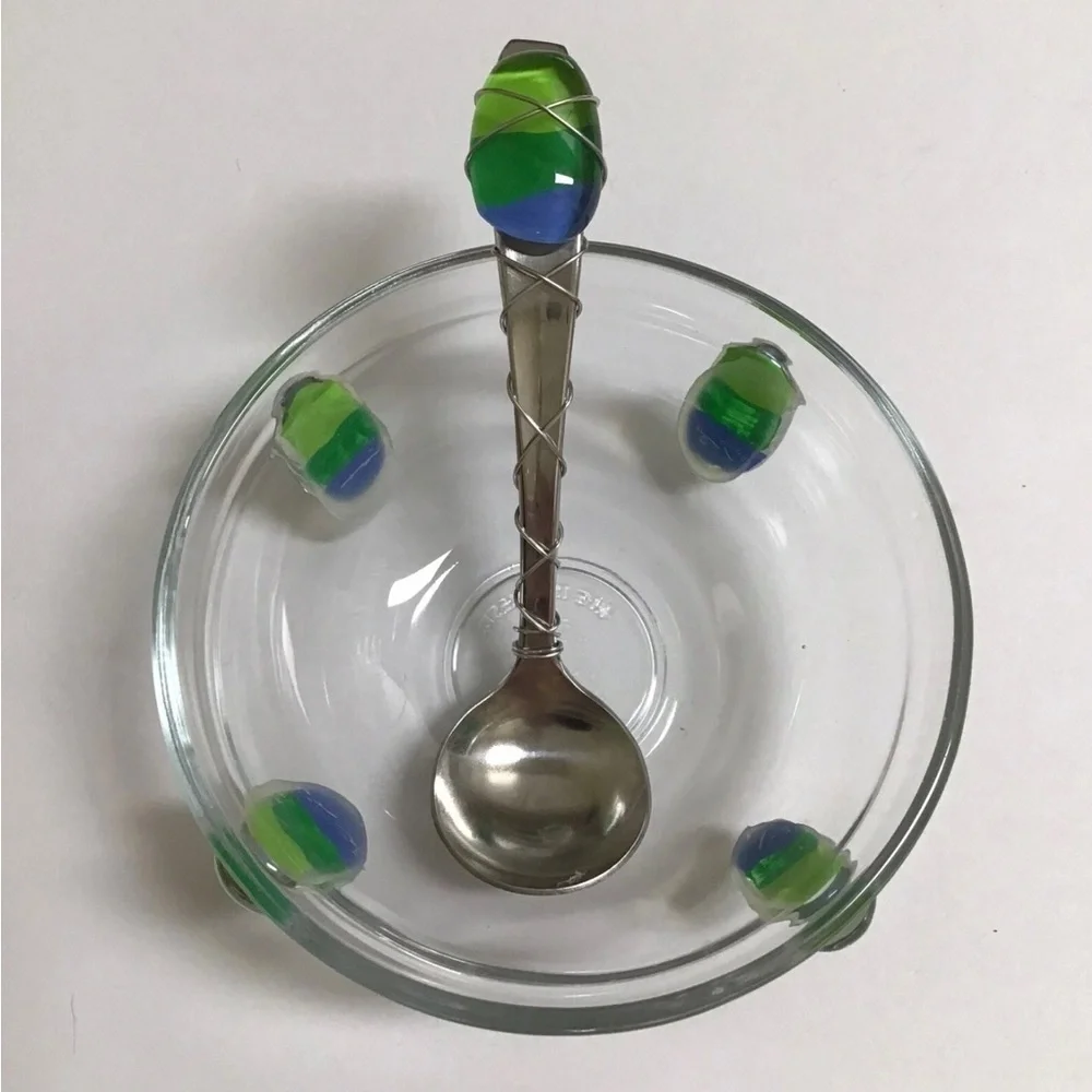 Art Glass Condiment Dish Blue Green Pebble Wire Wrapped Spoon Sea KIG Indonesia